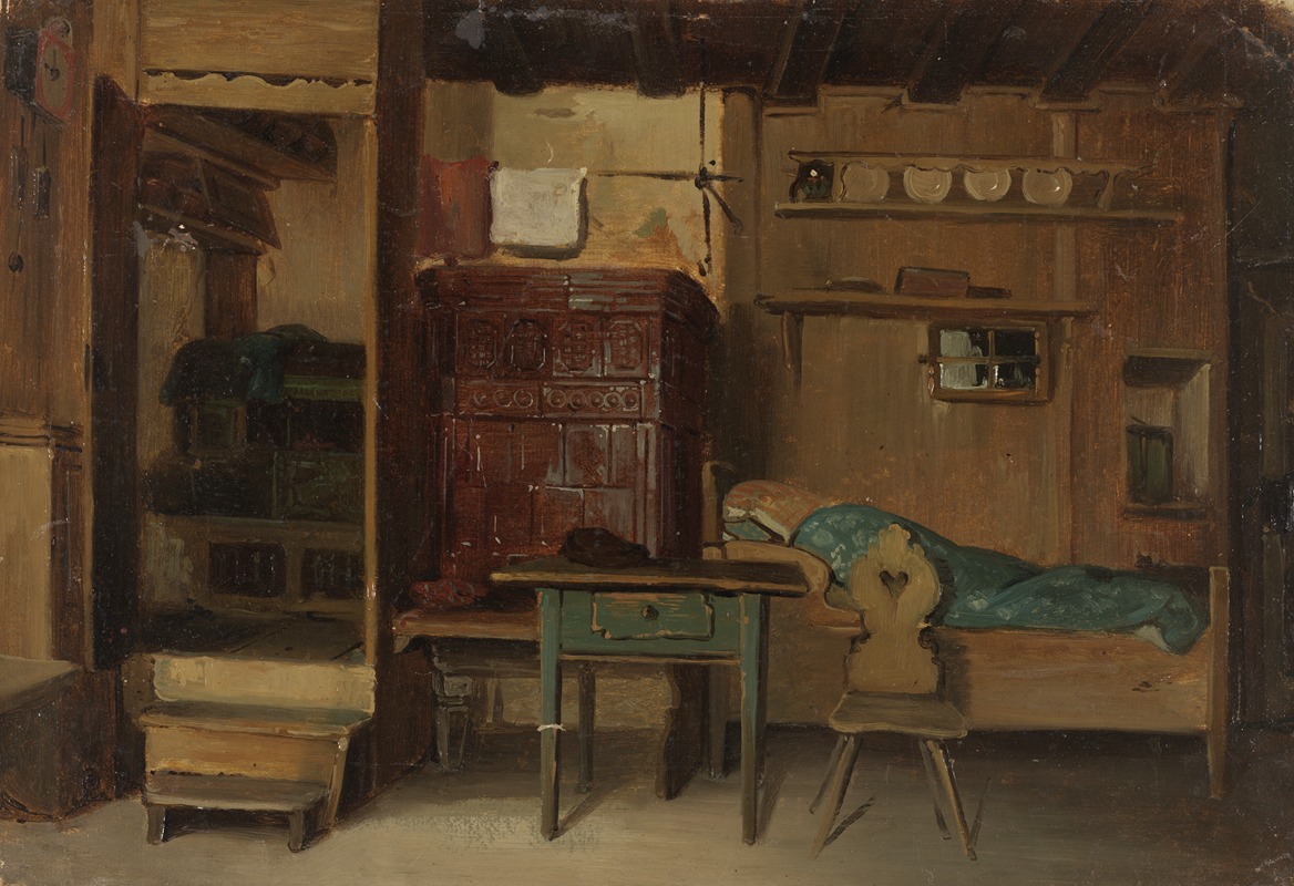 Johann Baptist Kirner - Schwarzwälder Bauernstube mit Bett und Sitzbank am Kachelofen