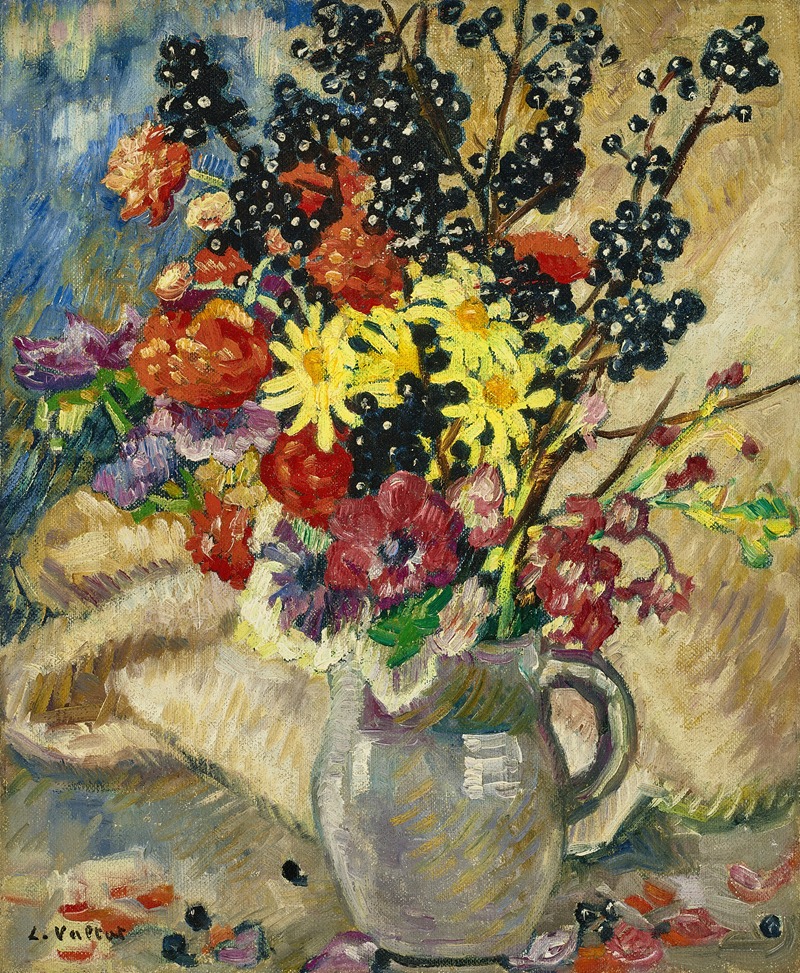 Louis Valtat - Bouquet aux branches de cassissier dans pichet brun