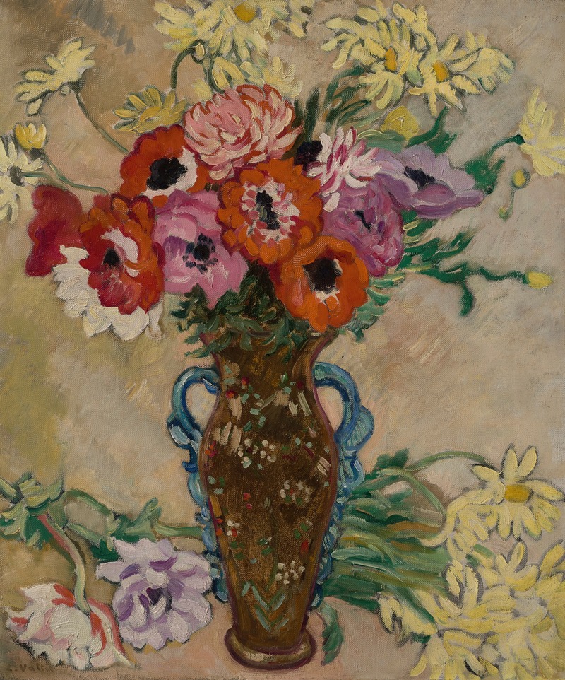 Louis Valtat - Vase décoré aux anémones et marguerites jaunes de savane
