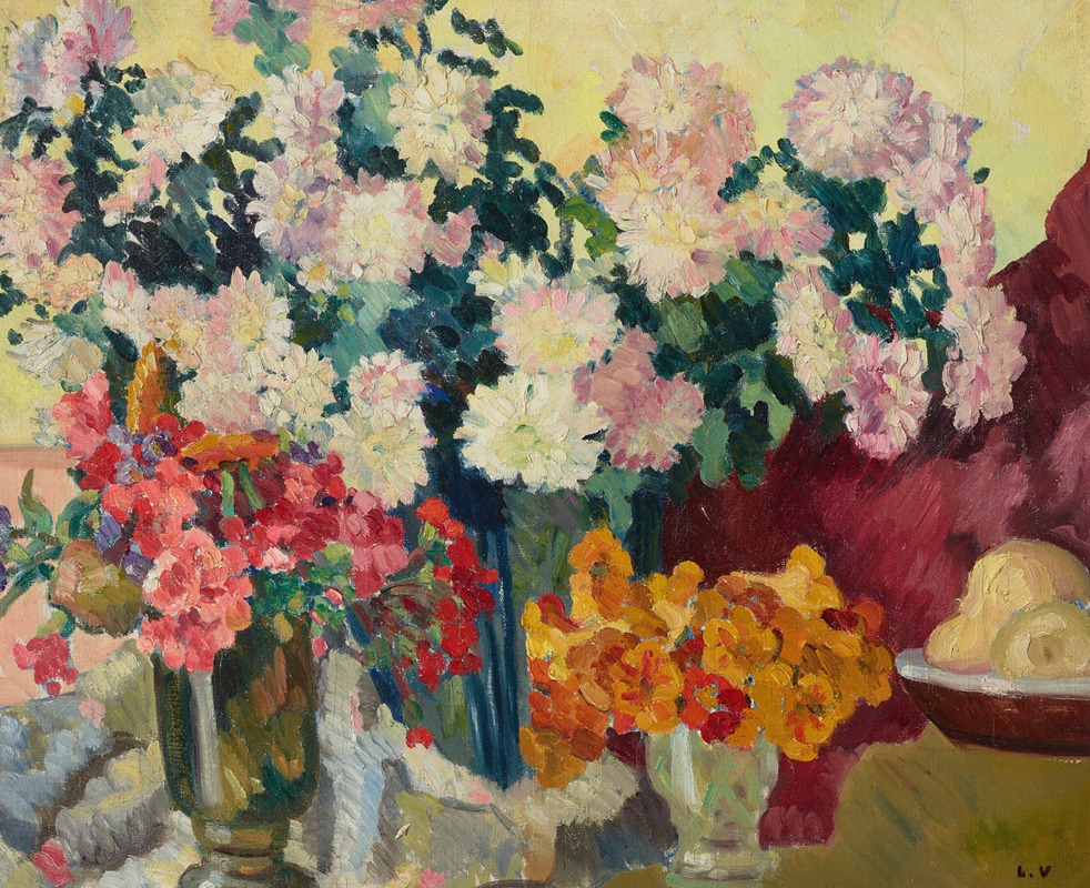 Louis Valtat - Trois vases de fleurs, assiette de pommes