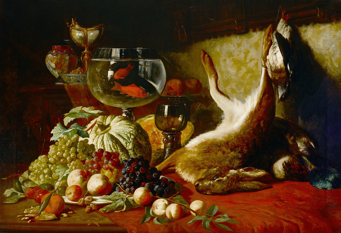 Lucas Victor Schaefels - A still life with fruit, goldfish and dead hare