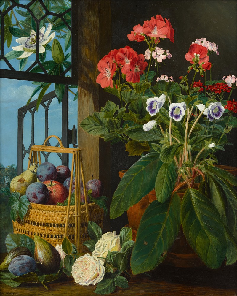 Marian Chase - A still life with potted flowers and fruit