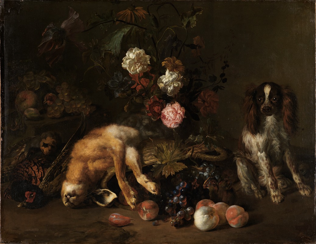 Nicolas de Largillière - Still life with hunted game, flowers, fruit and a spaniel