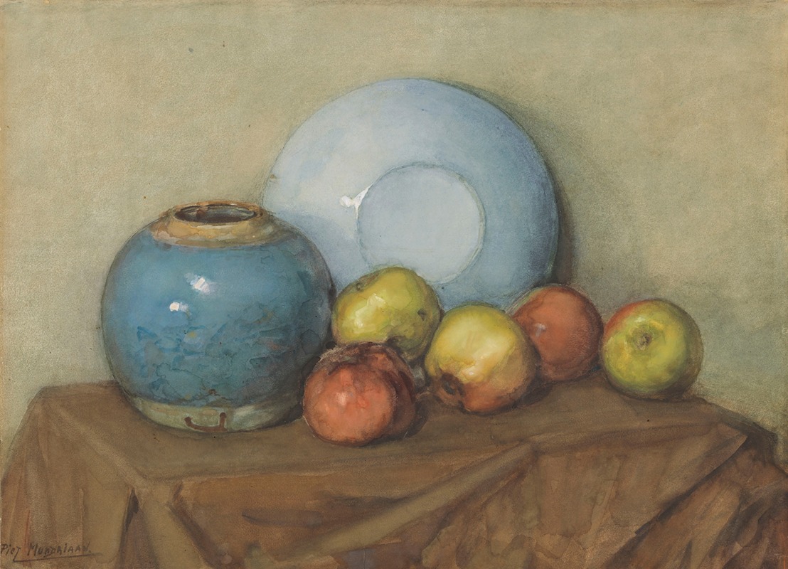 Piet Mondrian - Appels, ronde pot en plaat op een tafel