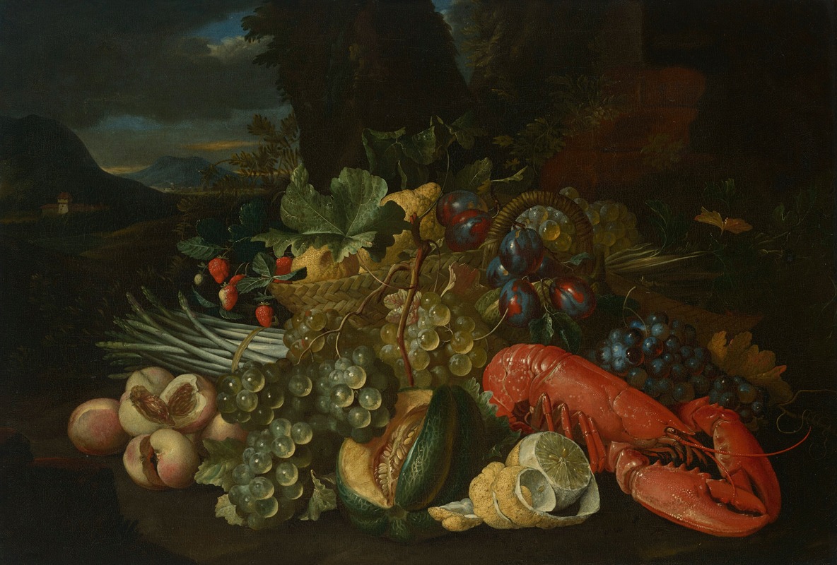Alexander Coosemans - A basket of lemons, asparagus, peaches, a melon, plums, grapes and other fruit with a lobster, in a landscape