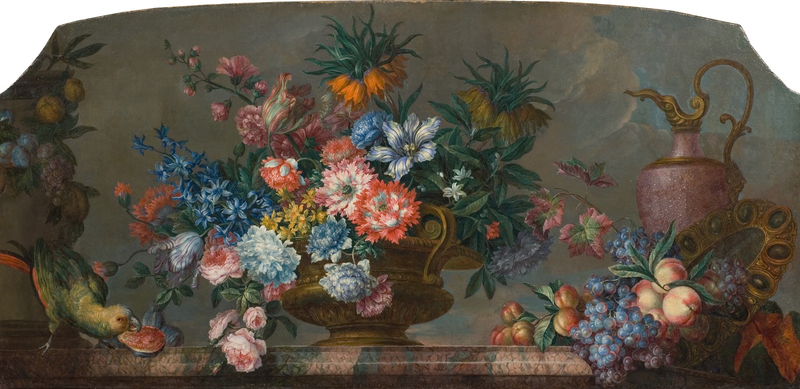 Antoine Monnoyer - Flowerpiece with Vases and a Parrot