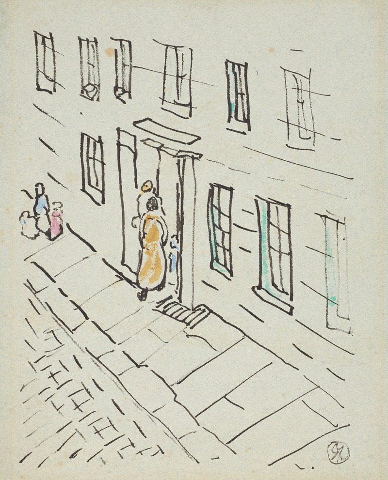 Raymond McIntyre - Street scene with figures in a doorway