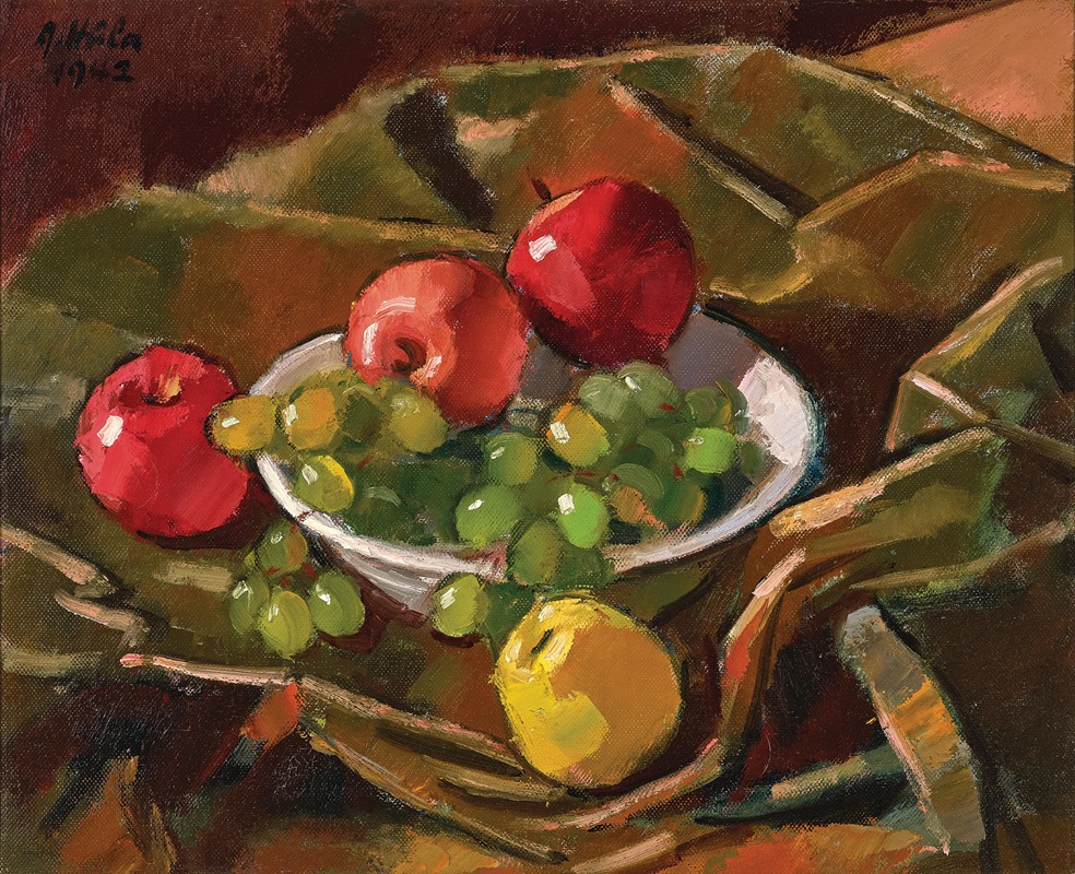 Anton Hula - Stillleben mit Äpfeln und Weintrauben