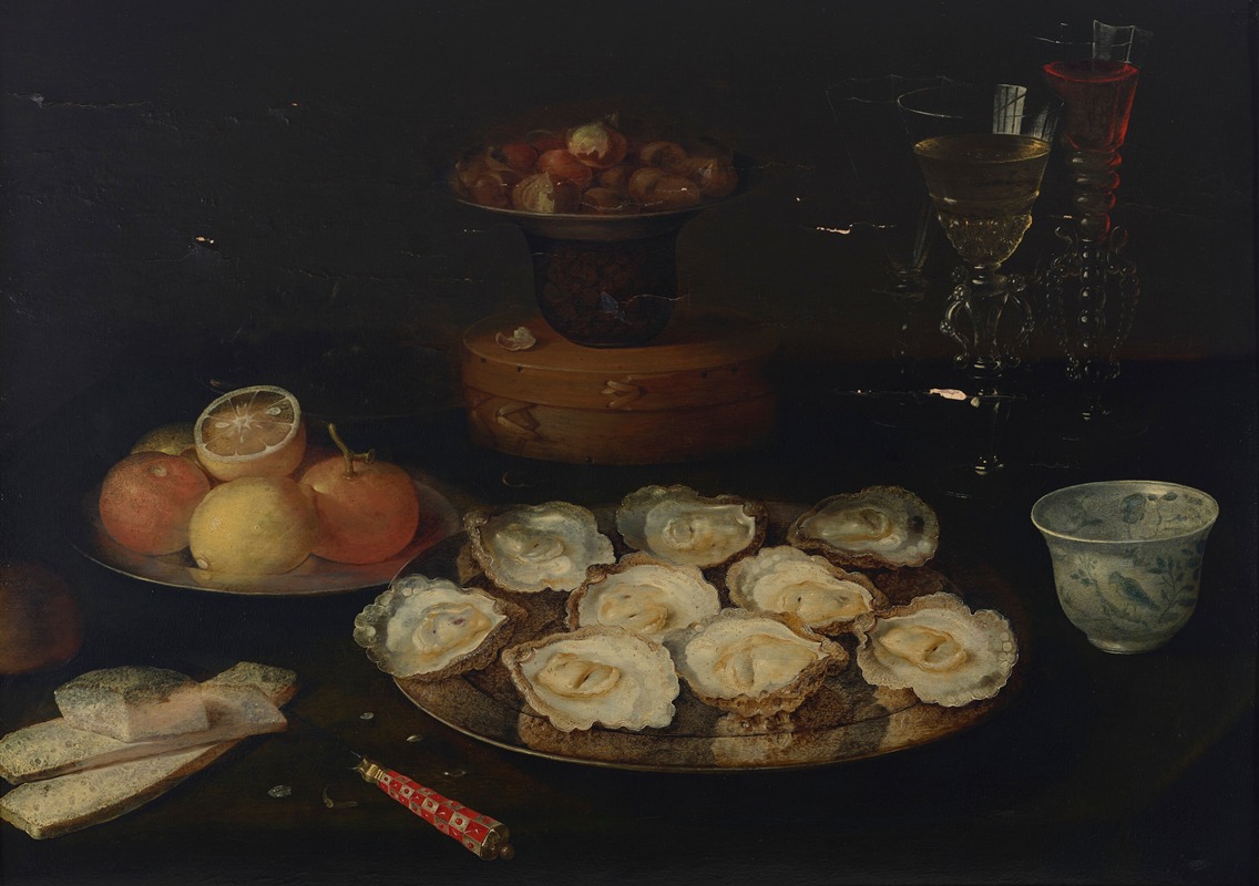 Osias Beert the Elder - Oysters on a pewter dish, a Wanli porcelain bowl, three façon-de-Venise wine glasses, oranges, lemons