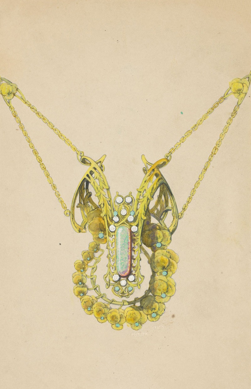 Paul Louchet - Ontwerp voor een hanger met viooltjes, van geëmailleerd goud met een opaal