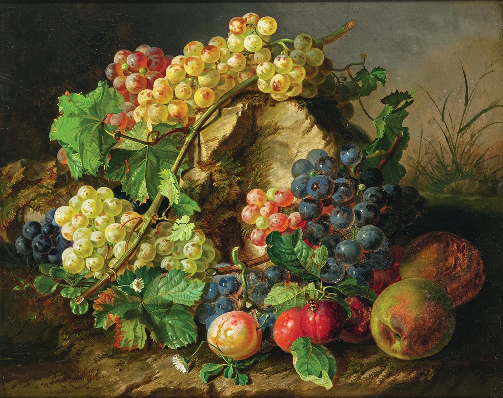 Antal Jozsef Strohmayer - Fruit Still Life with Grapes, Apples and a Wasp