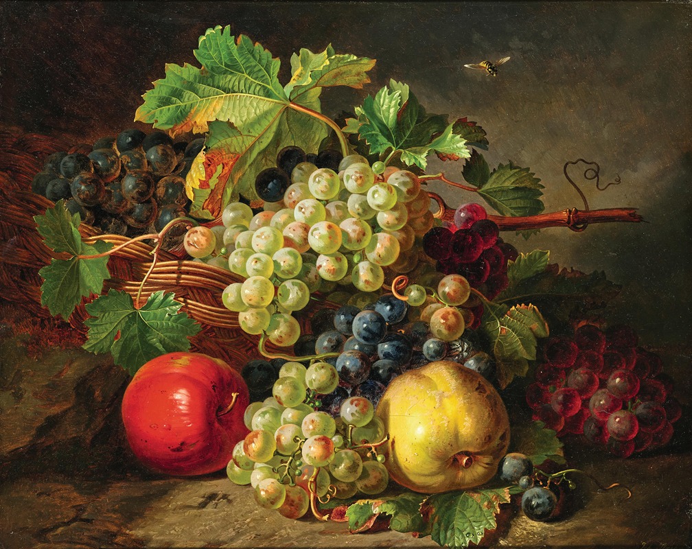 Antal Jozsef Strohmayer - Fruit Still Life with Grapes, Apples and Daisies