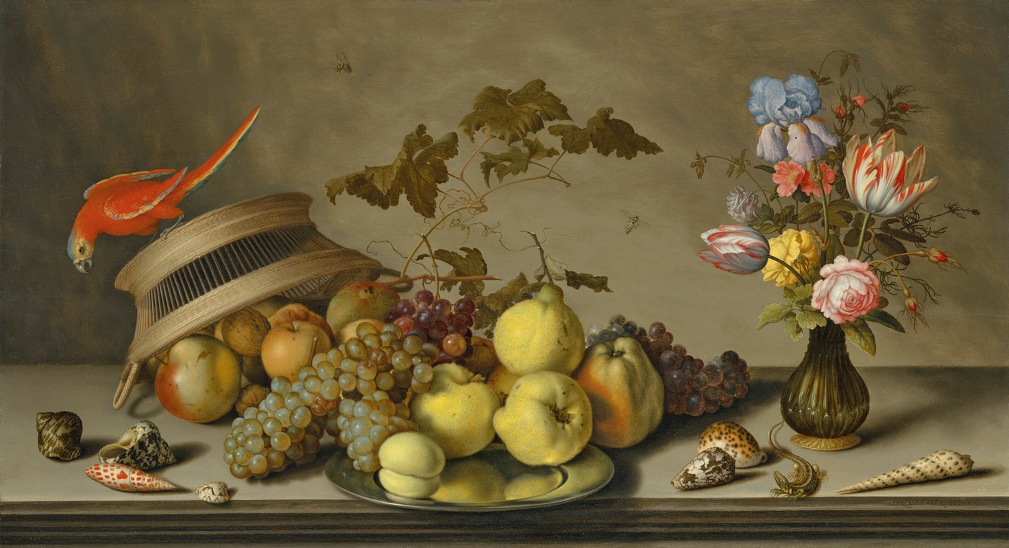 Balthasar van der Ast - A parakeet on an upturned basket, with fruit, a pewter plate and shells on a stone ledge