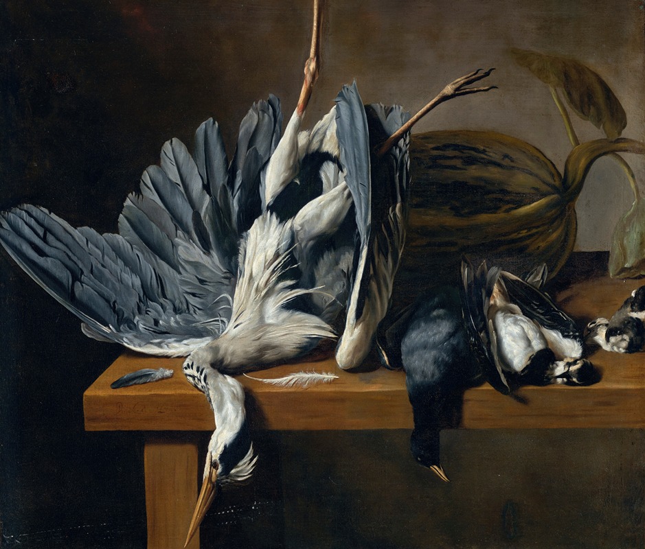 Dirck De Horn - Still Life With A Grey Heron And Other Birds On Ledge