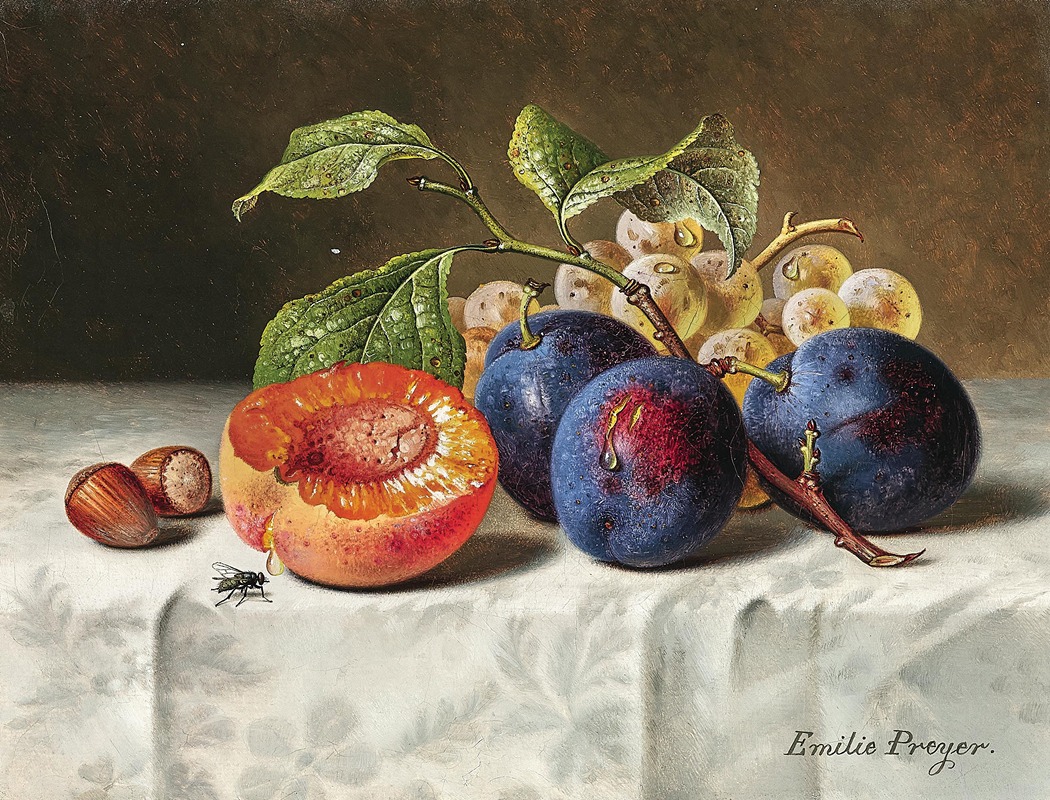 Emilie Preyer - Still Life with Peaches, Red Grapes, Hazelnuts and a Wasp.