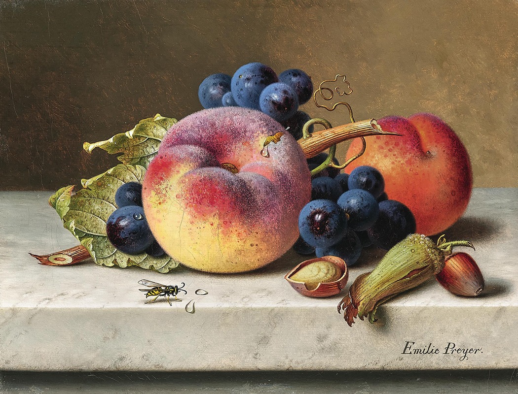 Emilie Preyer - Still Life with Peaches, Red Grapes, Hazelnuts and a Wasp