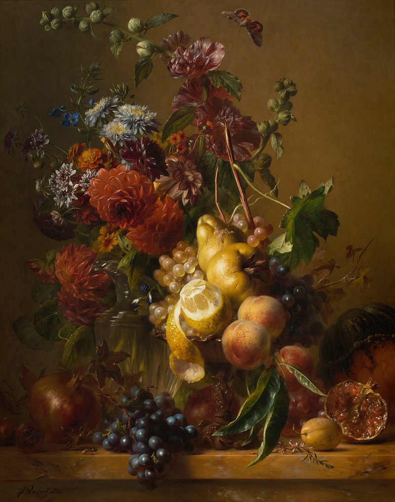 Hendrik Reekers - A Still Life with Dahlias, Hollyhocks and Other Flowers in a Glass Vase