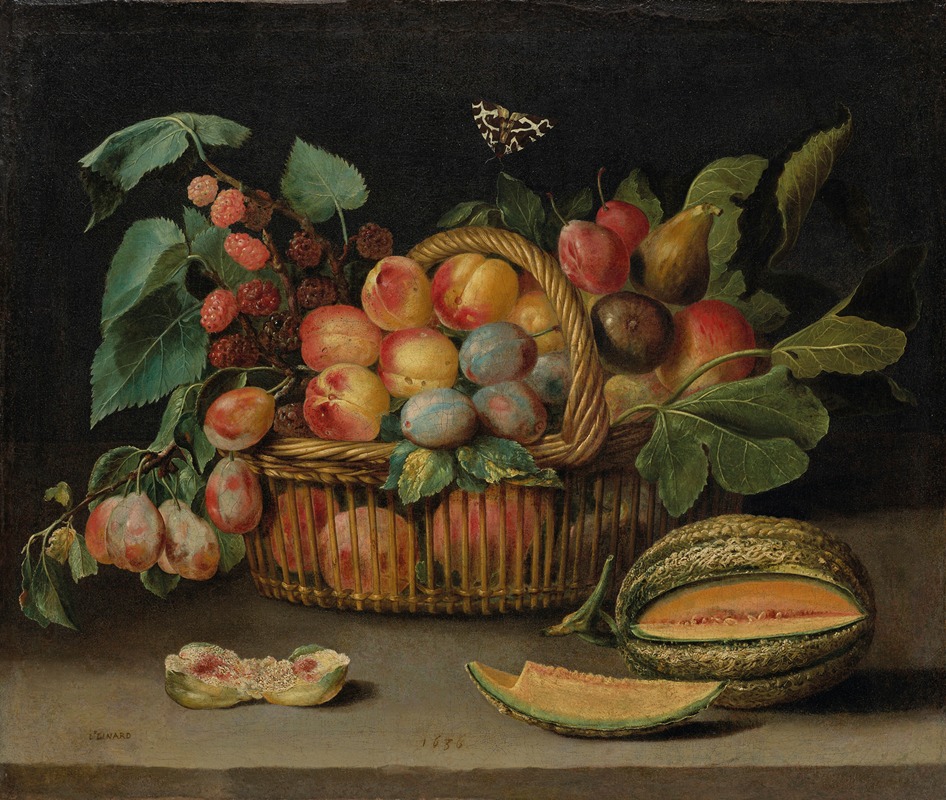 Jacques Linard - Still Life With Fruit In A Wicker Basket, With A Cut Melon