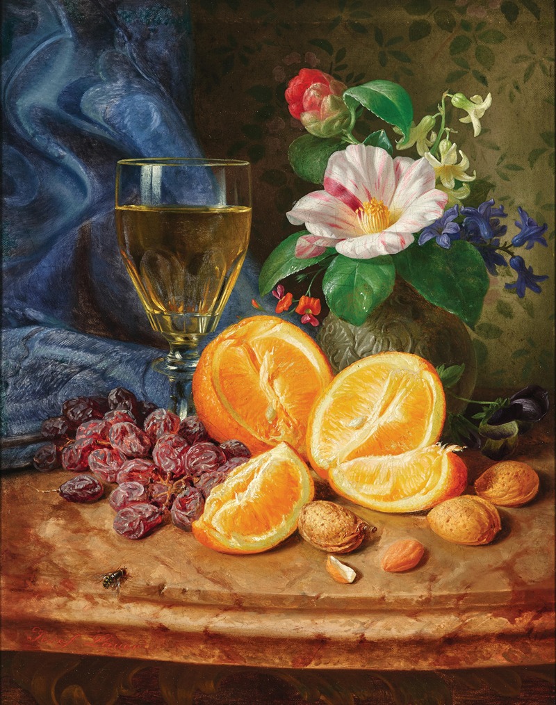 Josef Lauer - Still Life with Oranges, a Wine Glass and Camellias in a Vase