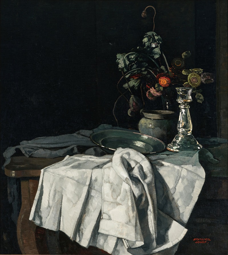 Josef Stoitzner - Still life with a white tablecloth and a silver candlestick