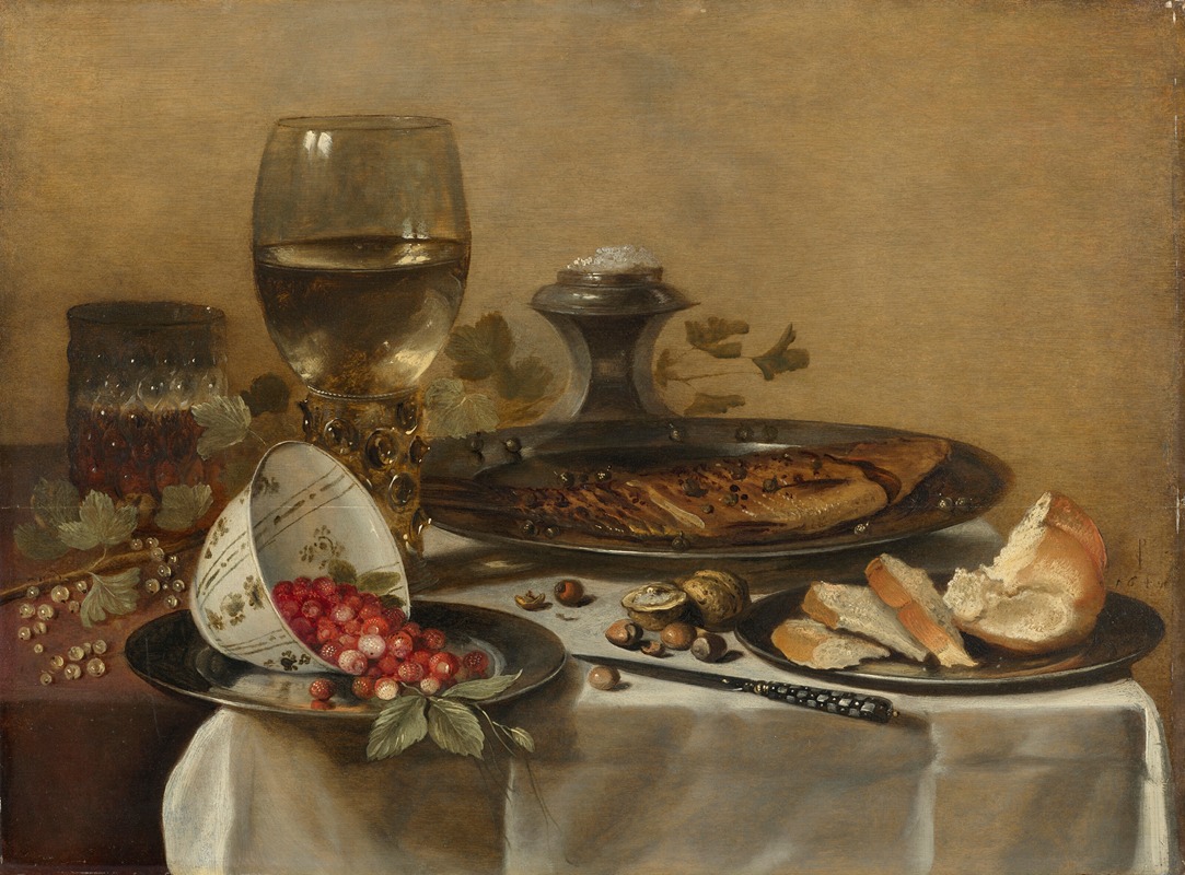 Pieter Claesz - Still Life With Roemer, Smoked Herring, Walnuts, White Currants And Wild Strawberries