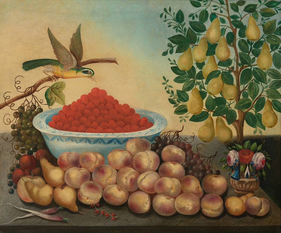 Charles V. Bond - Still Life; Fruit, Bird, and Dwarf Pear Tree