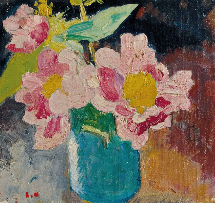 Louis Valtat - Fleurs roses aux cœurs jaunes, vase bleu