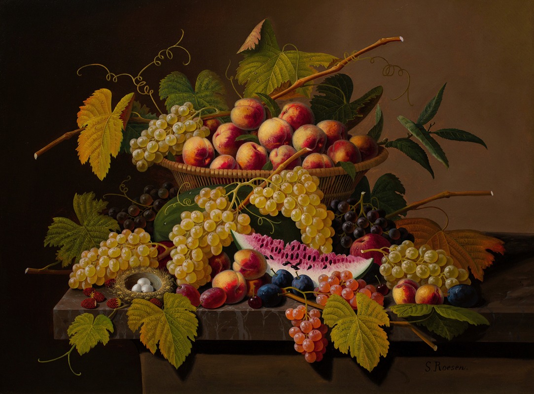 Severin Roesen - Still Life with a Basket of Fruit