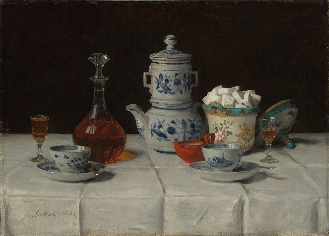 Albert Anker - Still life with coffee setting and cognac bottle