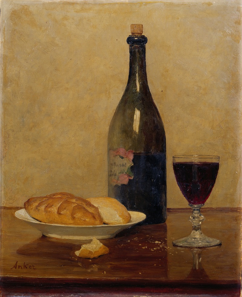 Albert Anker - Stillleben; Alter Wein und Brot