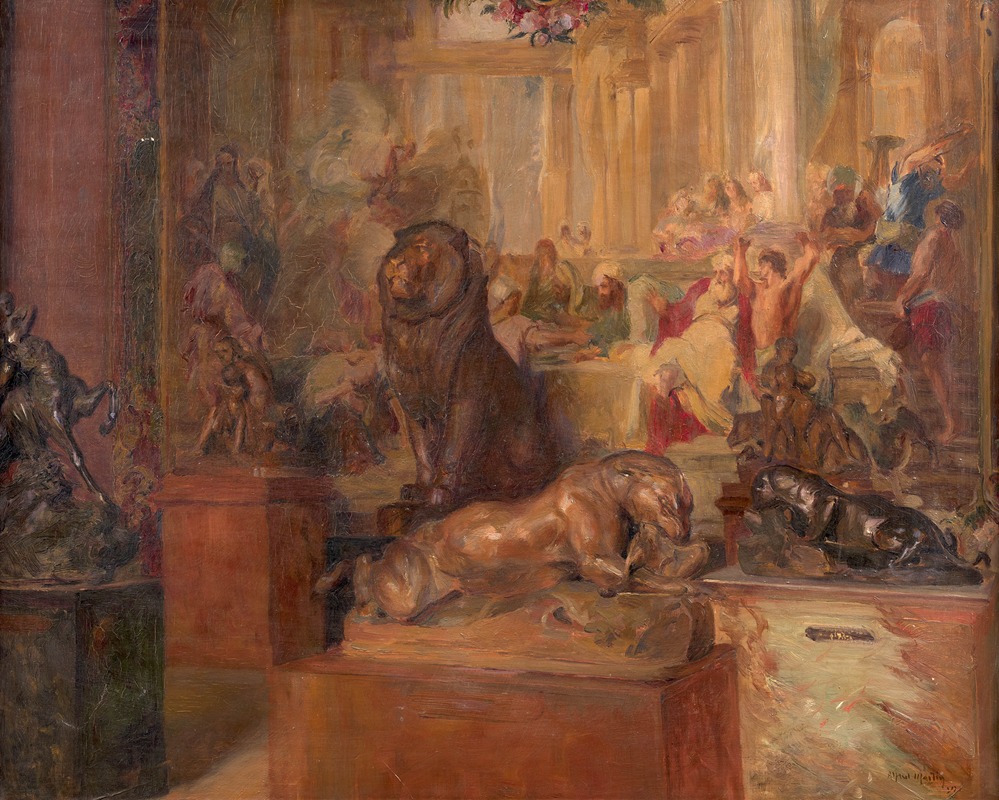 Alfred-Nicolas Martin - Salle de musée avec les sculptures de Barye devant une tapisserie