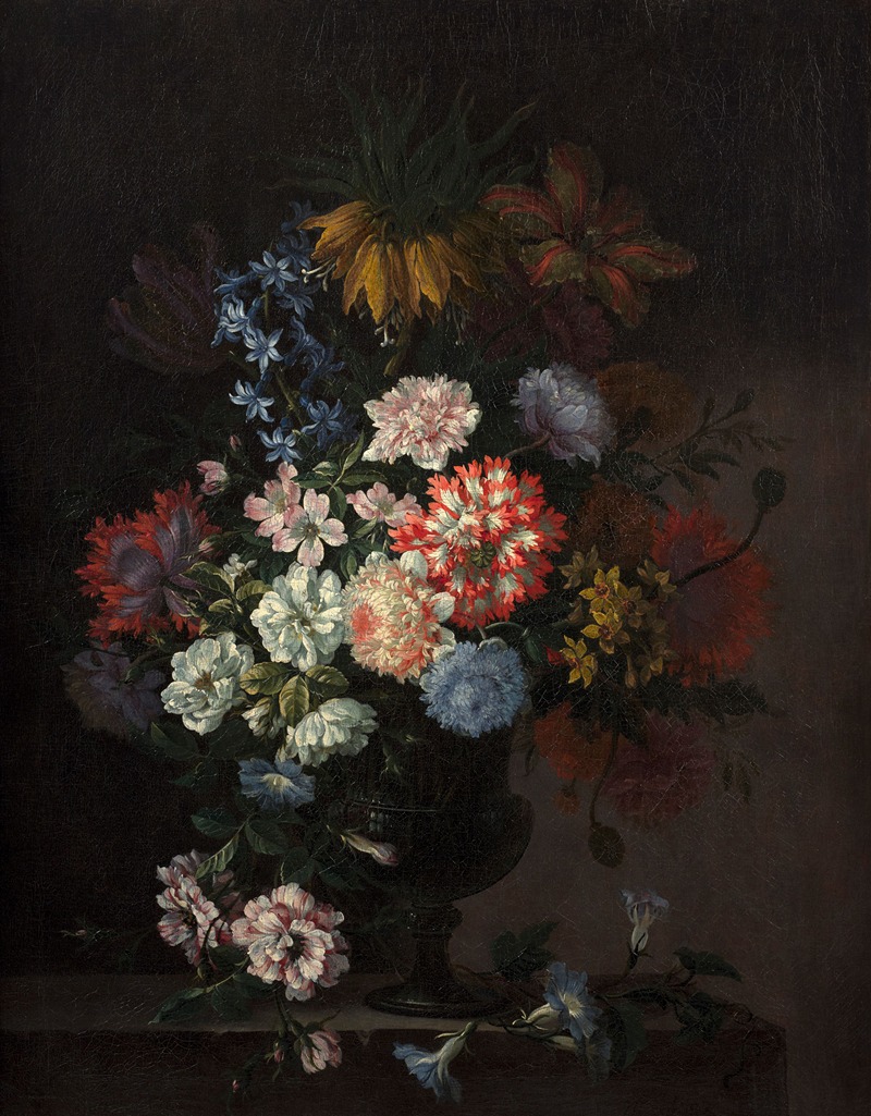 Antoine Monnoyer - Vase of flowers on a stone entablature.