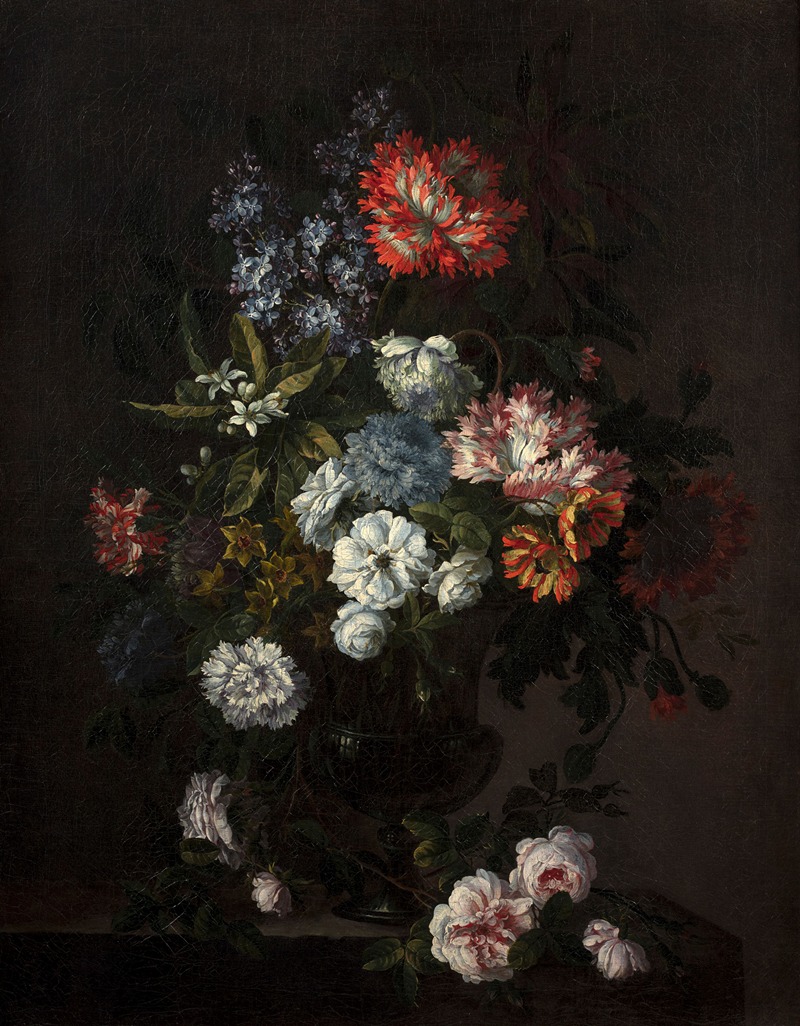 Antoine Monnoyer - Vase of flowers on a stone entablature