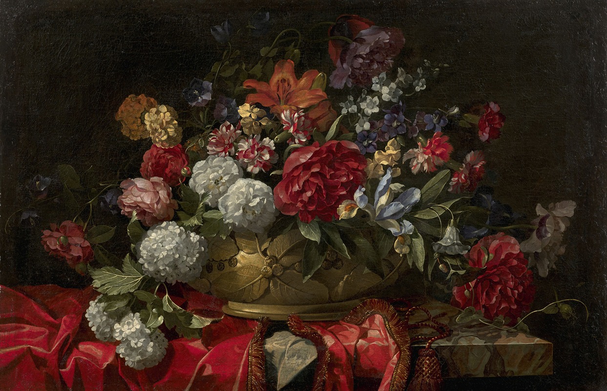 François Habert - Vase of flowers on an entablature