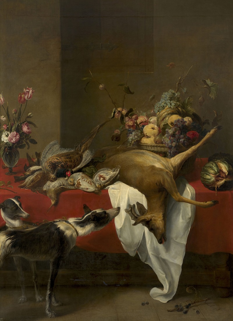 Frans Snyders - Game, fruit basket and vase of flowers on a table