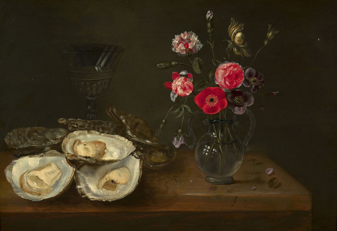 Frans Ykens - Oysters and vase of flowers on an entablature