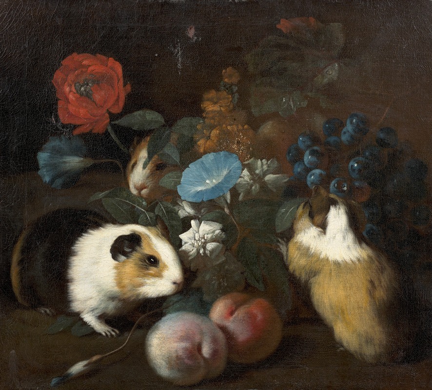 Franz Werner von Tamm - Composition aux trois cochons d’Inde, aux pêches et aux fleurs