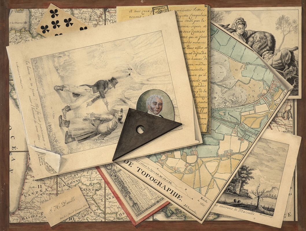 French School - Trompe l’œil of a set square, etchings and maps