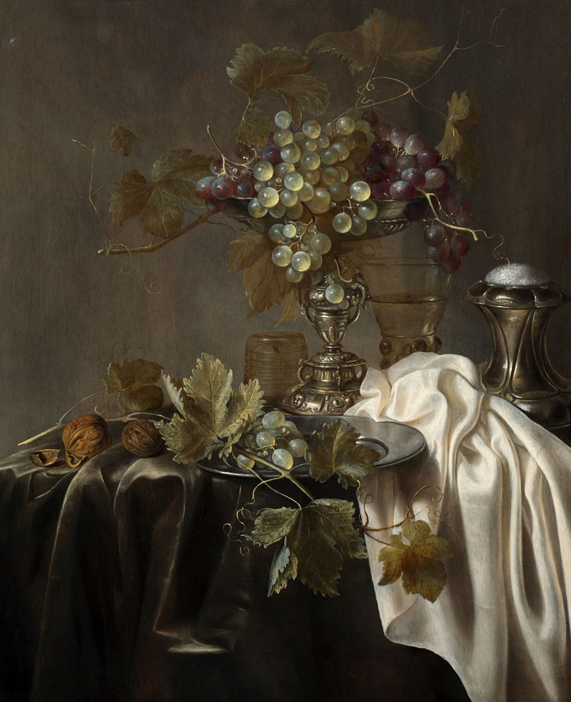 Gillis Gilisz. De Bergh - White and black raisins, römer and salt shaker on a draped table