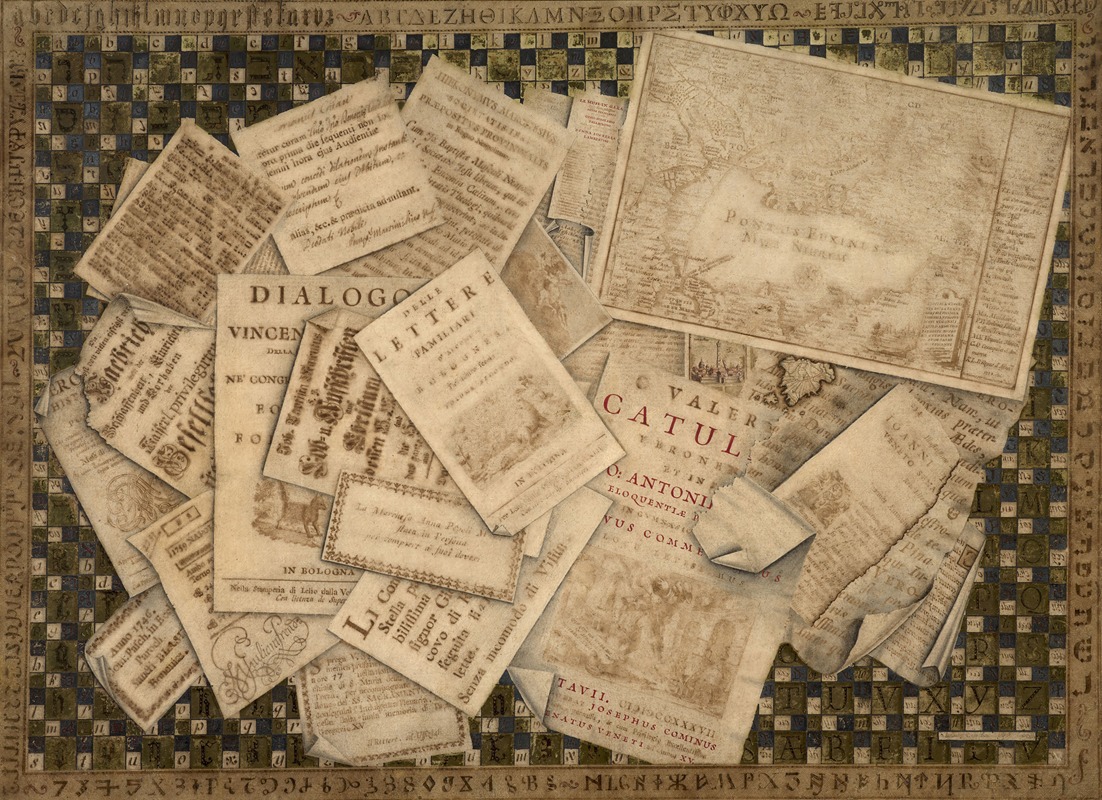 Italian School - Trompe l’œil of prints and of an alphabet sampler