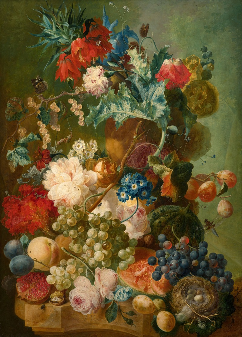 Jan Van Os - Bouquet of flowers and fruits on an entablature