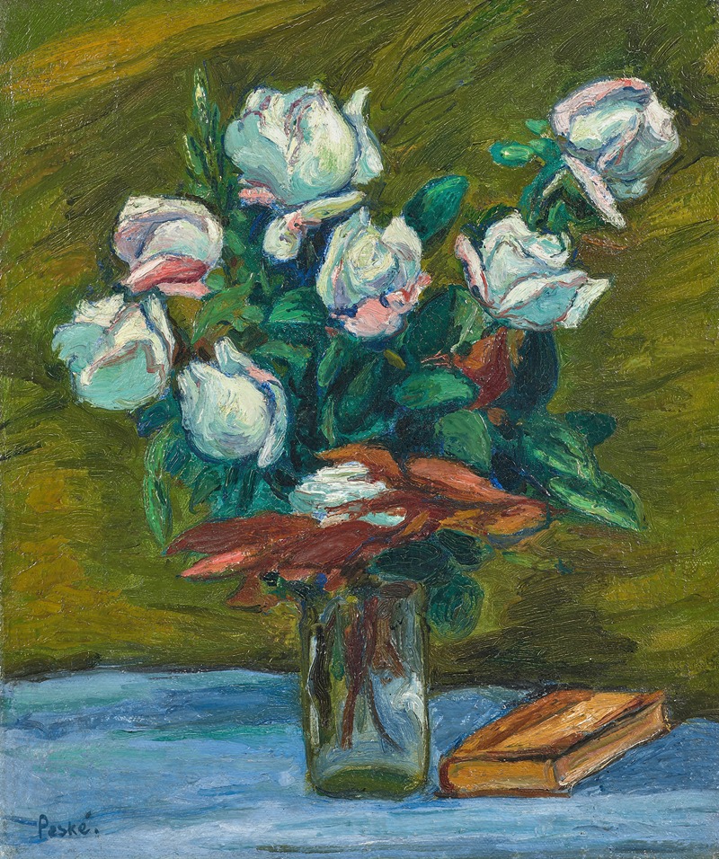 Jean Misceslas Peske - Bouquet de roses blanches dans un vase