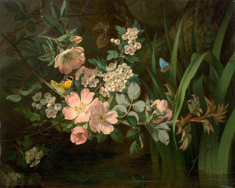 Jean-Baptiste Gallet - Branchage d’aubépine, de rosier et vol de papillons dans des roseaux