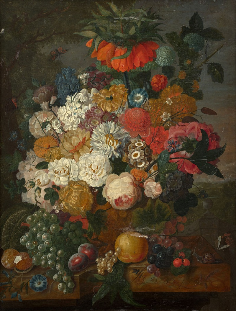 Johannes Cornelis De Bruyn - Vase of flowers and fruits on an entablature