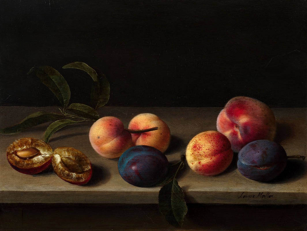 Louyse Moillon - Peaches, apricots and plums on an entablature