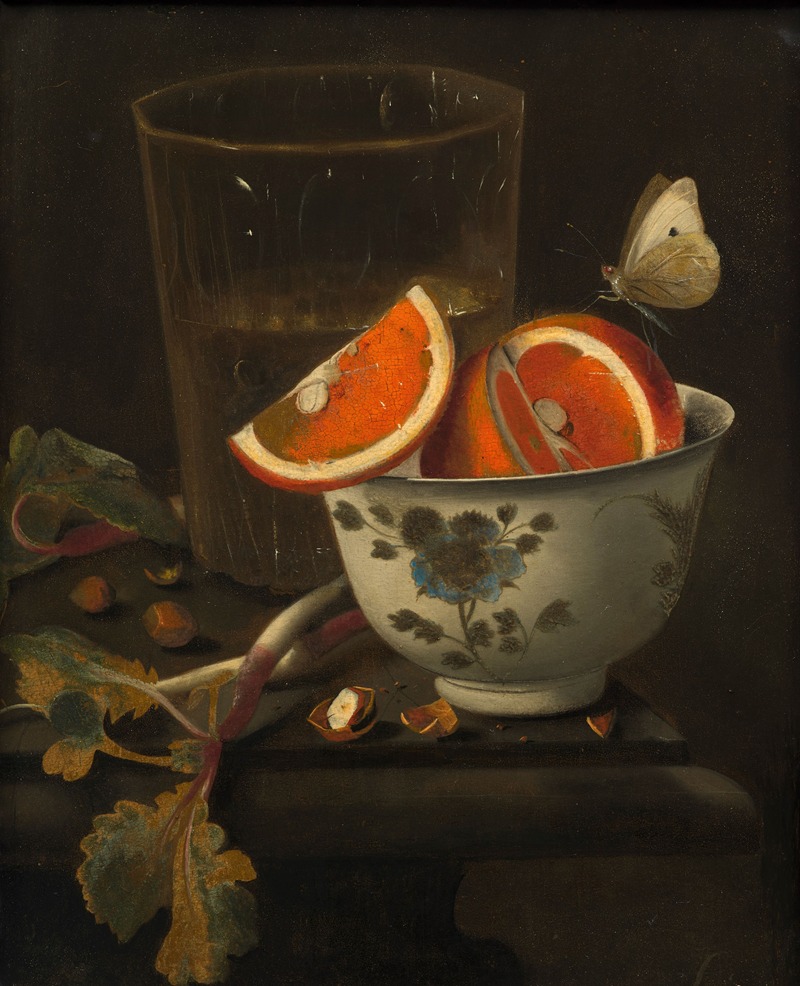 Martinus Nellius - Orange in a porcelain bowl and chestnuts on an entablature