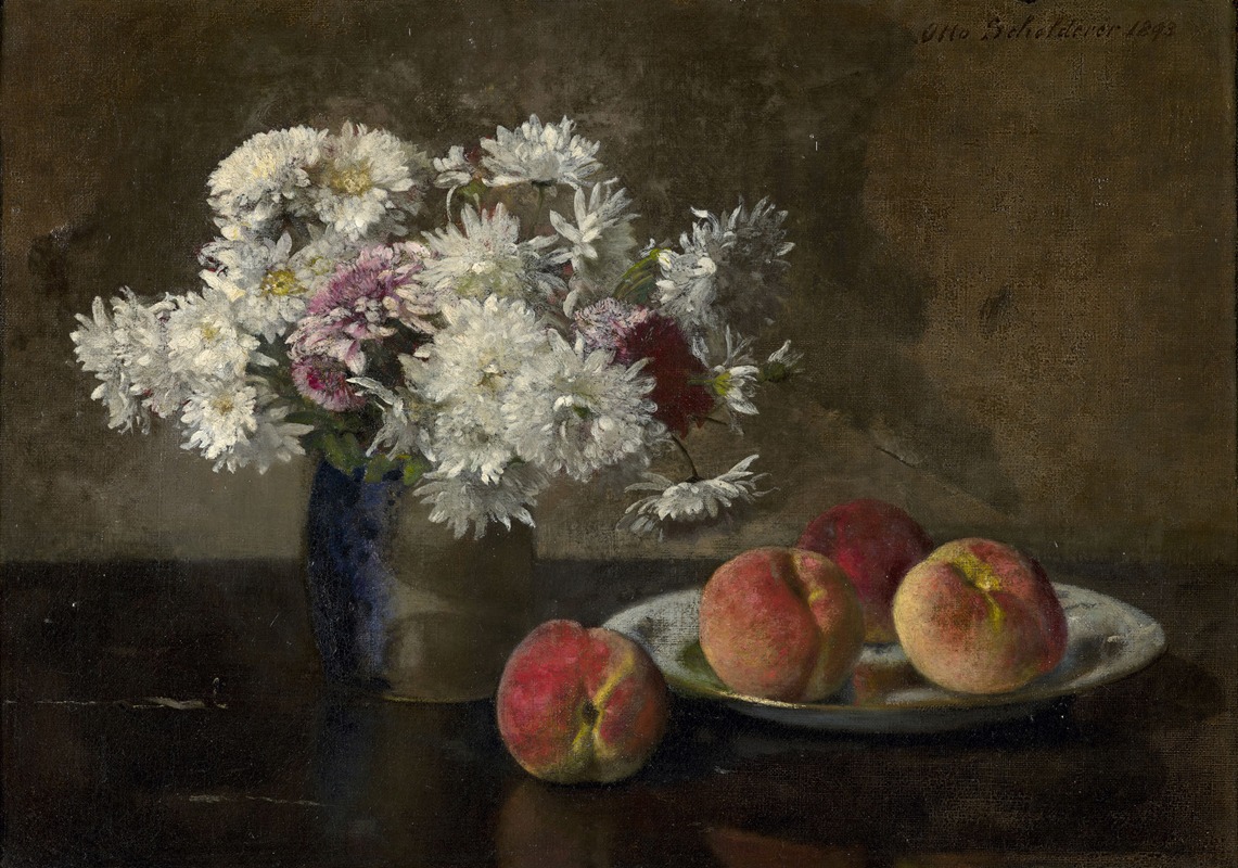 Otto Scholderer - Bouquet of dahlias and peaches on an entablature