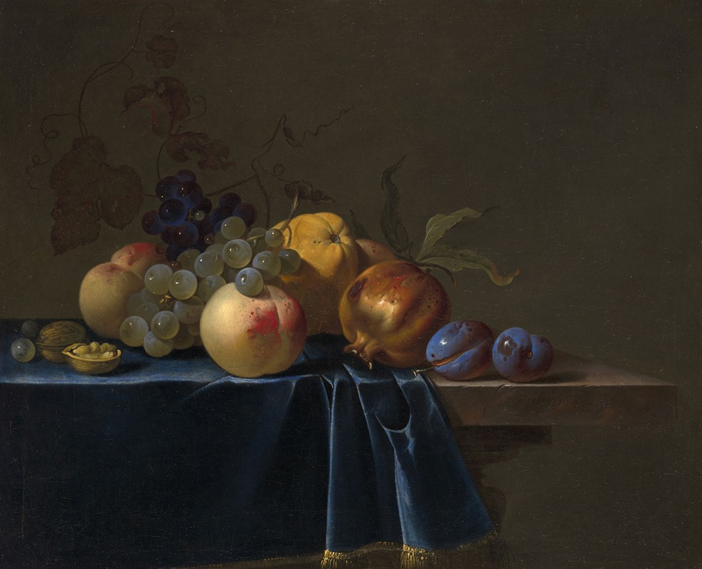 Willem van Aelst - Peaches, grapes, pomegranate and plums on an entablature