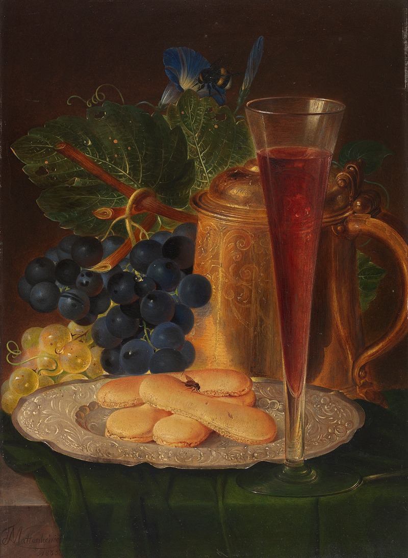 Theodor Mattenheimer - Stillleben mit prunkvollem Bierhumpen, feinem Glas, Gebäck und Weintrauben