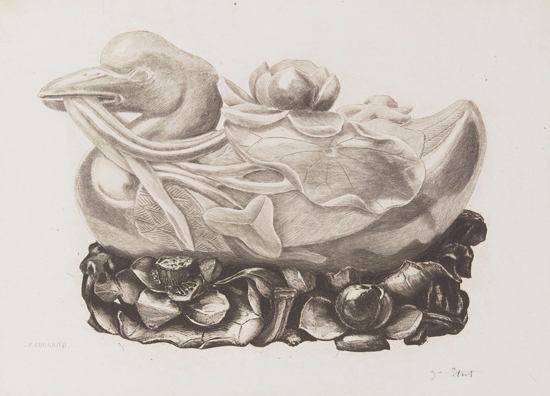 Henri-Charles Guérard - Canard au décor de nénuphar posé sur un socle